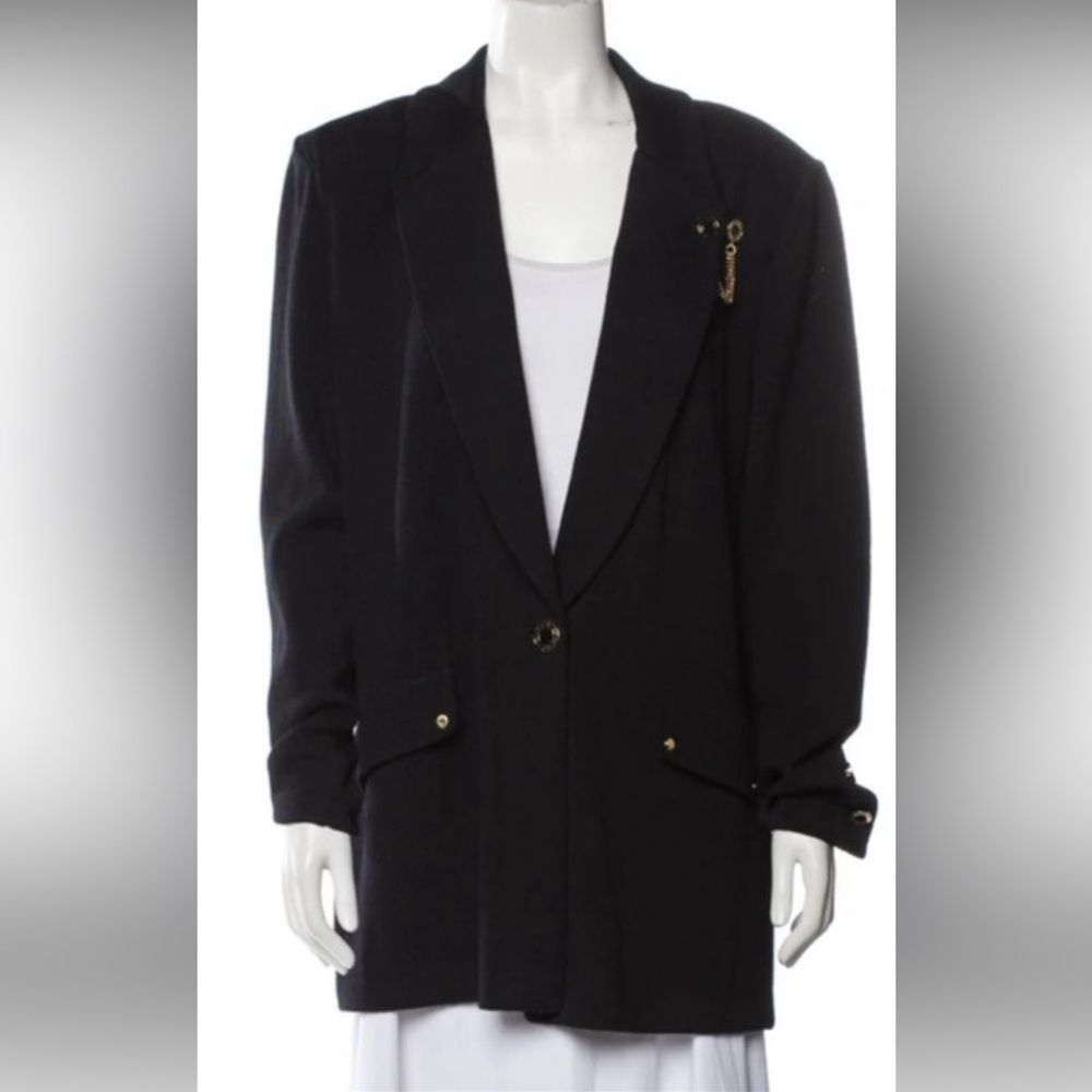 St. John Peacoat Black Blazer Jacket Gold Accents Vintage Classic Sz 4 Oversize
